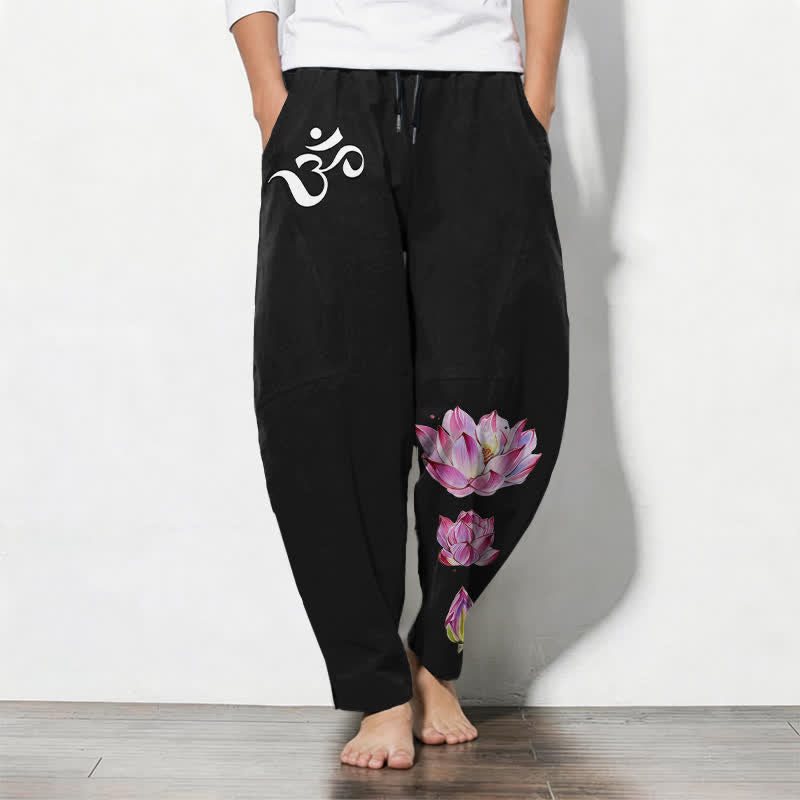Buddha Stones Pantalones de hombre de algodón puro con estampado de loto rosa y cordón ajustable, corte cónico y bolsillos. - Negro - US/UK/AU50, EU60 (5XL) - image 11