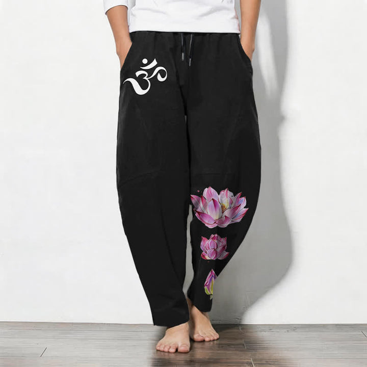 Buddha Stones Pantalones de hombre de algodón puro con estampado de loto rosa y cordón ajustable, corte cónico y bolsillos. - Negro - US/UK/AU50, EU60 (5XL) - image 11