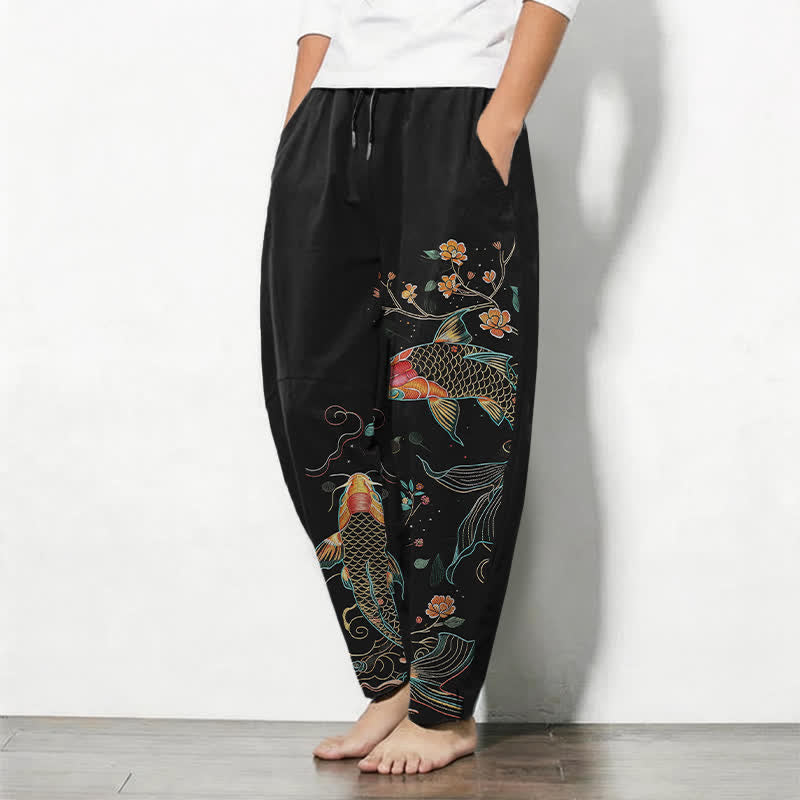 Buddha Stones Pantalones de hombre de algodón puro con estampado floral de peces koi, cordón ajustable y corte cónico, con bolsillos. - image 1