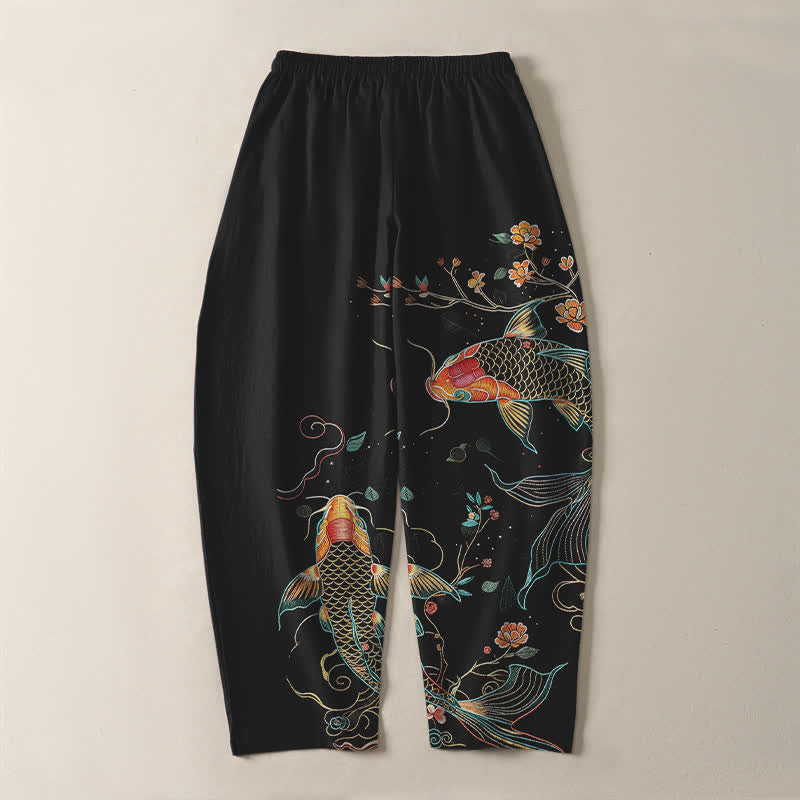 Buddha Stones Pantalones de hombre de algodón puro con estampado floral de peces koi, cordón ajustable y corte cónico, con bolsillos. - image 3