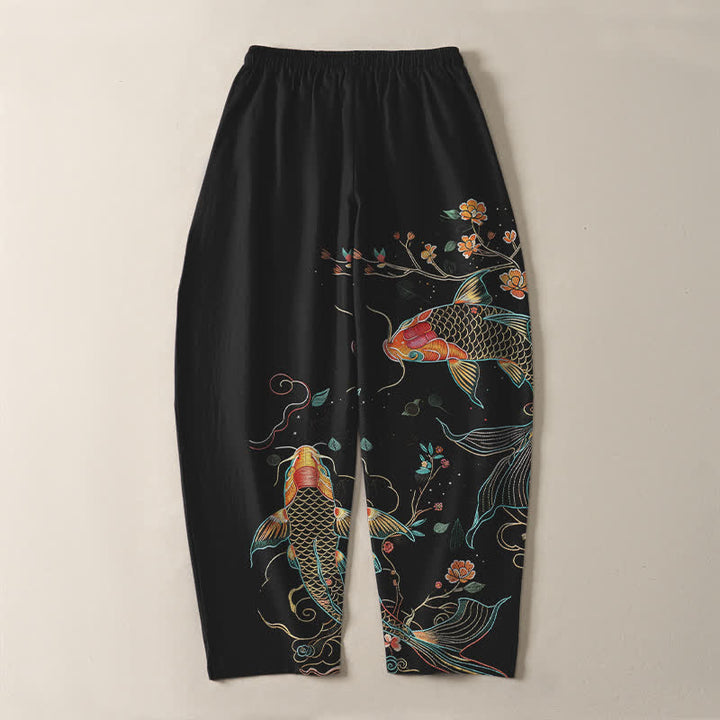 Buddha Stones Pantalones de hombre de algodón puro con estampado floral de peces koi, cordón ajustable y corte cónico, con bolsillos. - image 3