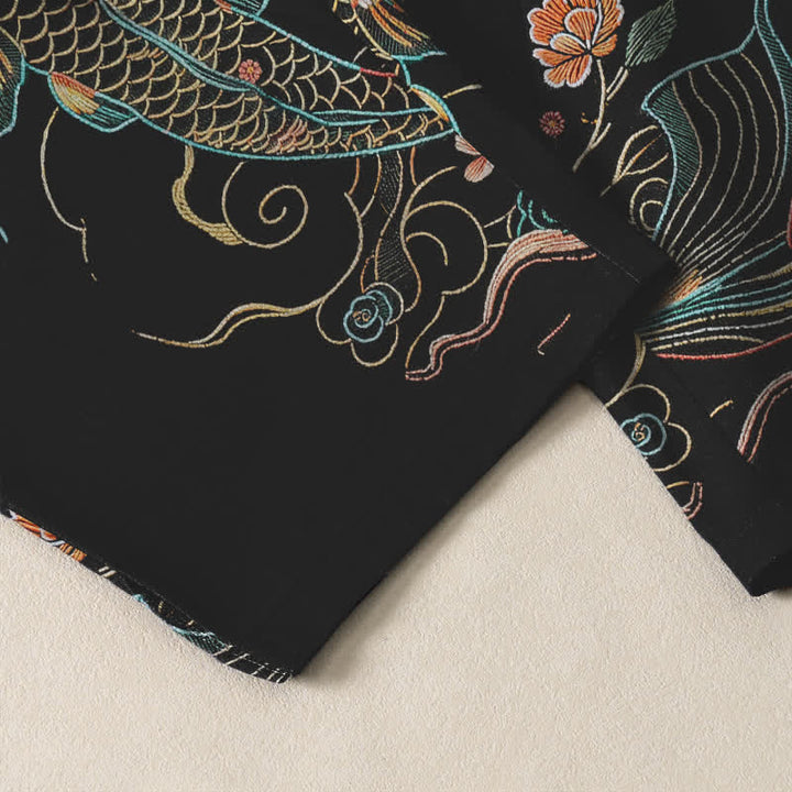 Buddha Stones Pantalones de hombre de algodón puro con estampado floral de peces koi, cordón ajustable y corte cónico, con bolsillos. - image 5