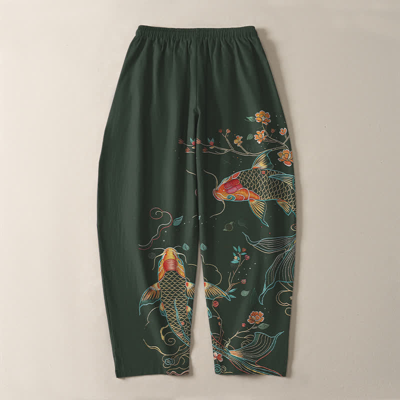 Buddha Stones Pantalones de hombre de algodón puro con estampado floral de peces koi, cordón ajustable y corte cónico, con bolsillos. - image 10