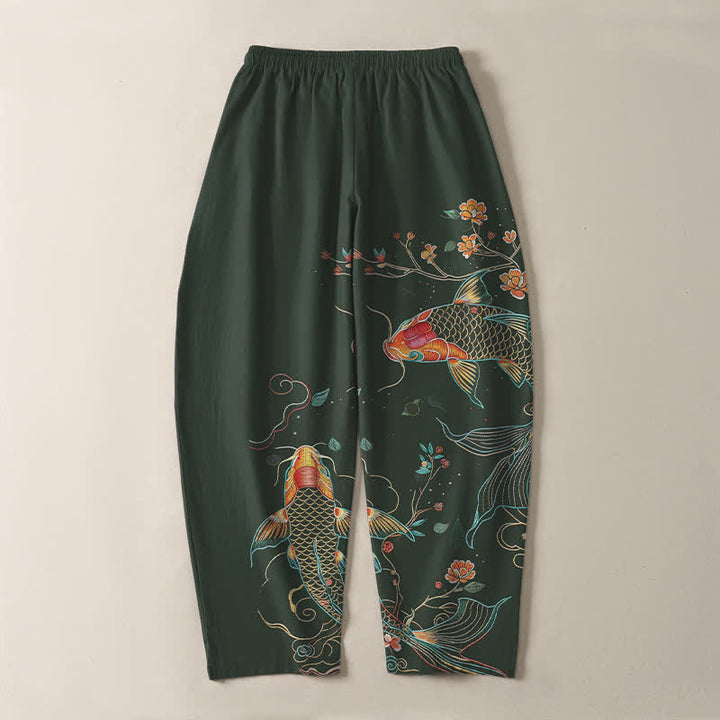 Buddha Stones Pantalones de hombre de algodón puro con estampado floral de peces koi, cordón ajustable y corte cónico, con bolsillos. - image 10