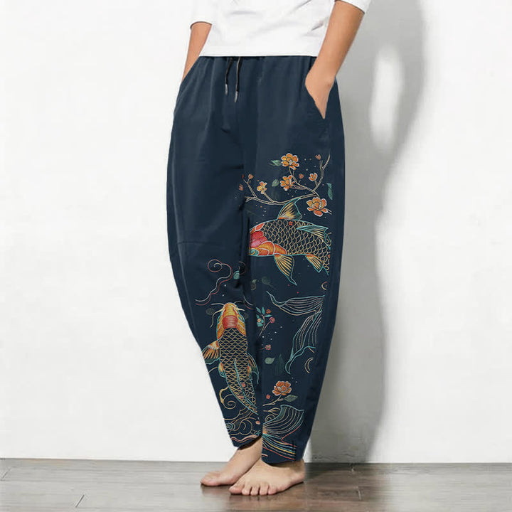 Buddha Stones Pantalones de hombre de algodón puro con estampado floral de peces koi, cordón ajustable y corte cónico, con bolsillos. - image 12