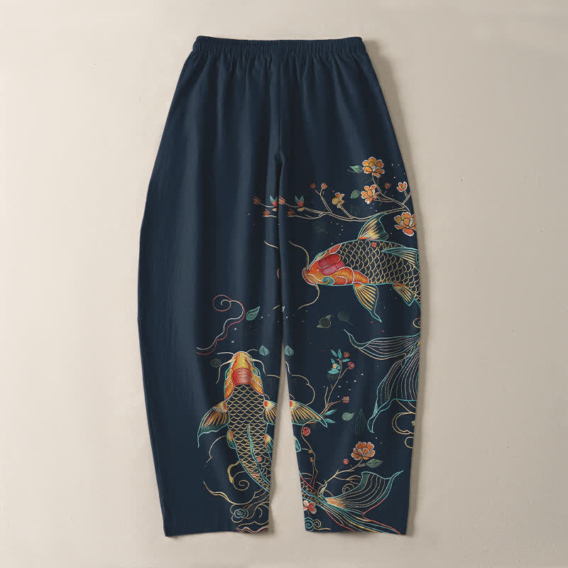Buddha Stones Pantalones de hombre de algodón puro con estampado floral de peces koi, cordón ajustable y corte cónico, con bolsillos. - image 14