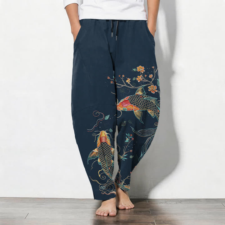 Buddha Stones Pantalones de hombre de algodón puro con estampado floral de peces koi, cordón ajustable y corte cónico, con bolsillos. - Marina de guerra - US/UK/AU50, EU60 (5XL) - image 11