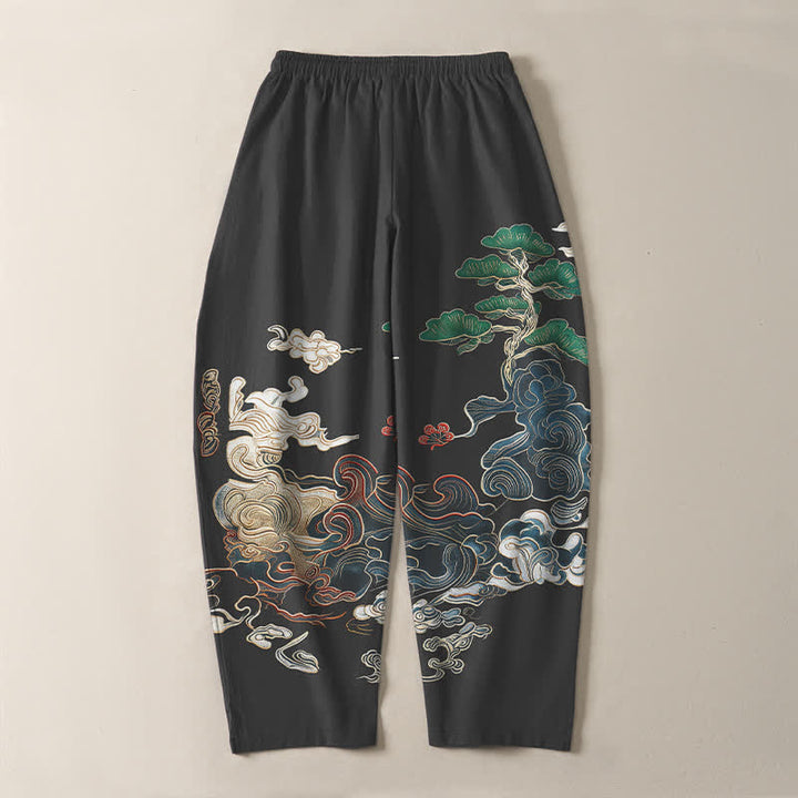 Buddha Stones Pantalones de hombre de algodón puro con estampado de nubes y pinos, corte ajustado, cordón y bolsillos. - image 3