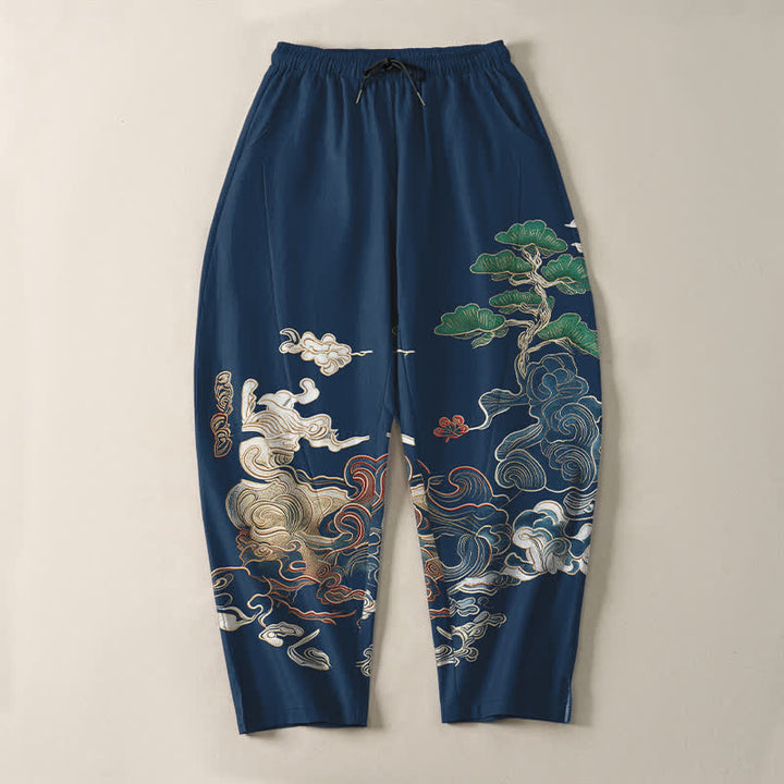 Buddha Stones Pantalones de hombre de algodón puro con estampado de nubes y pinos, corte ajustado, cordón y bolsillos. - image 9