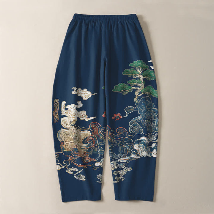 Buddha Stones Pantalones de hombre de algodón puro con estampado de nubes y pinos, corte ajustado, cordón y bolsillos. - image 10