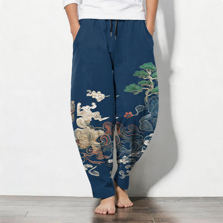 Buddha Stones Pantalones de hombre de algodón puro con estampado de nubes y pinos, corte ajustado, cordón y bolsillos. - Marina de guerra - US/UK/AU50, EU60 (5XL) - image 7