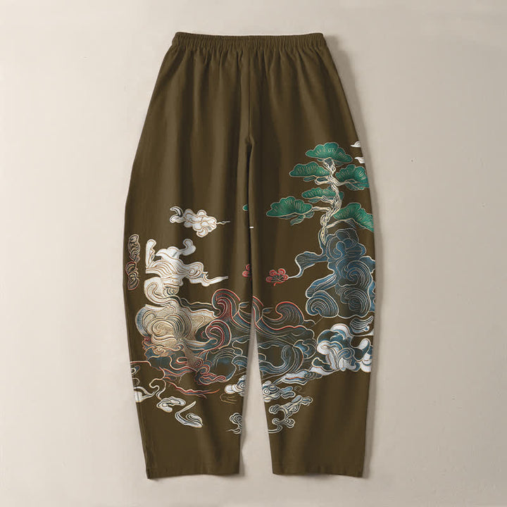 Buddha Stones Pantalones de hombre de algodón puro con estampado de nubes y pinos, corte ajustado, cordón y bolsillos. - image 14