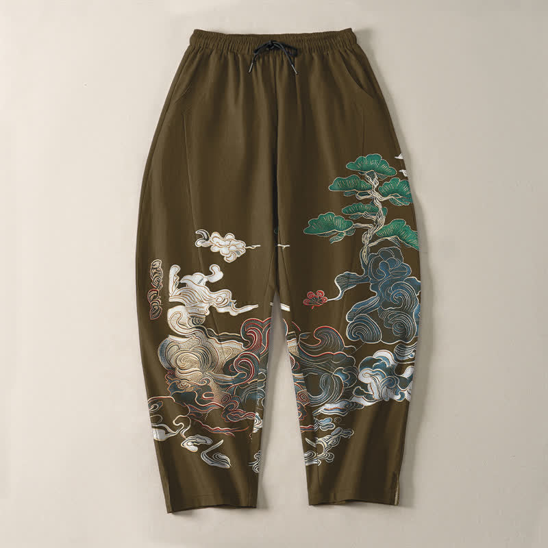 Buddha Stones Pantalones de hombre de algodón puro con estampado de nubes y pinos, corte ajustado, cordón y bolsillos. - image 13