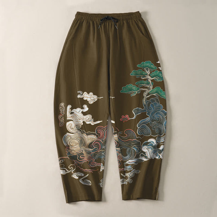 Buddha Stones Pantalones de hombre de algodón puro con estampado de nubes y pinos, corte ajustado, cordón y bolsillos. - image 13
