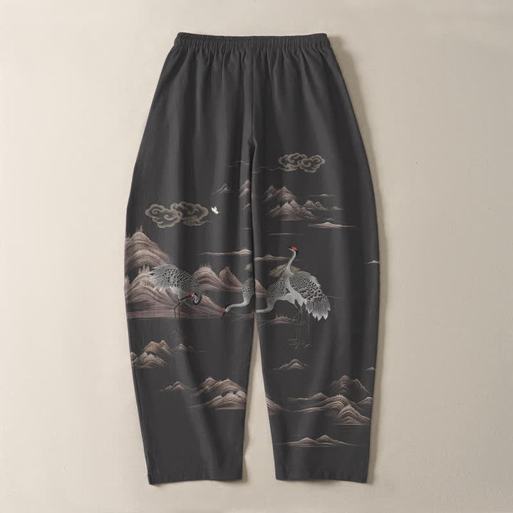Buddha Stones Pantalones de hombre de algodón puro con estampado de grullas, nubes y montañas, corte ajustado, cordón y bolsillos. - image 3