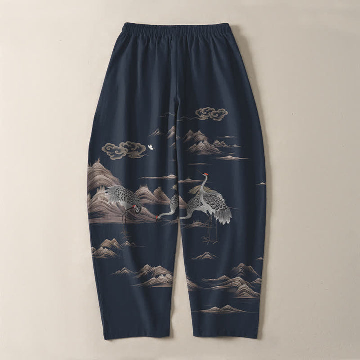 Buddha Stones Pantalones de hombre de algodón puro con estampado de grullas, nubes y montañas, corte ajustado, cordón y bolsillos. - image 10