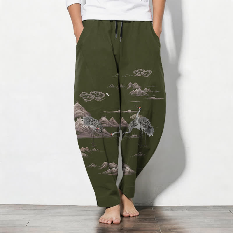Buddha Stones Pantalones de hombre de algodón puro con estampado de grullas, nubes y montañas, corte ajustado, cordón y bolsillos. - Verde oliva oscuro - US/UK/AU50, EU60 (5XL) - image 11