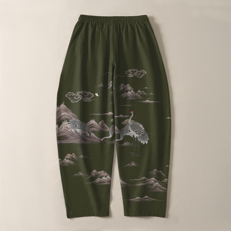 Buddha Stones Pantalones de hombre de algodón puro con estampado de grullas, nubes y montañas, corte ajustado, cordón y bolsillos. - image 14