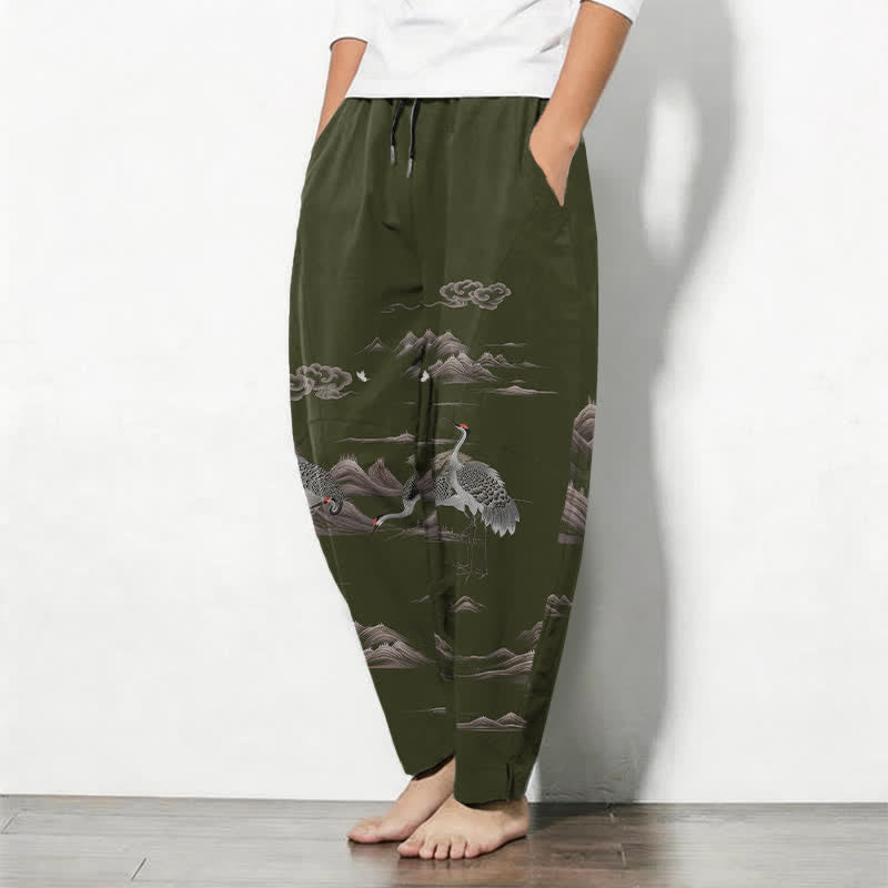Buddha Stones Pantalones de hombre de algodón puro con estampado de grullas, nubes y montañas, corte ajustado, cordón y bolsillos. - image 12