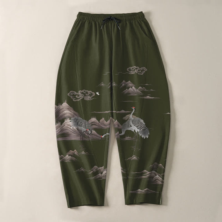 Buddha Stones Pantalones de hombre de algodón puro con estampado de grullas, nubes y montañas, corte ajustado, cordón y bolsillos. - image 13