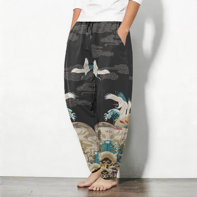 Buddha Stones Pantalones de hombre de algodón puro con estampado de nubes y grullas, corte ajustado, cordón y bolsillos. - image 8