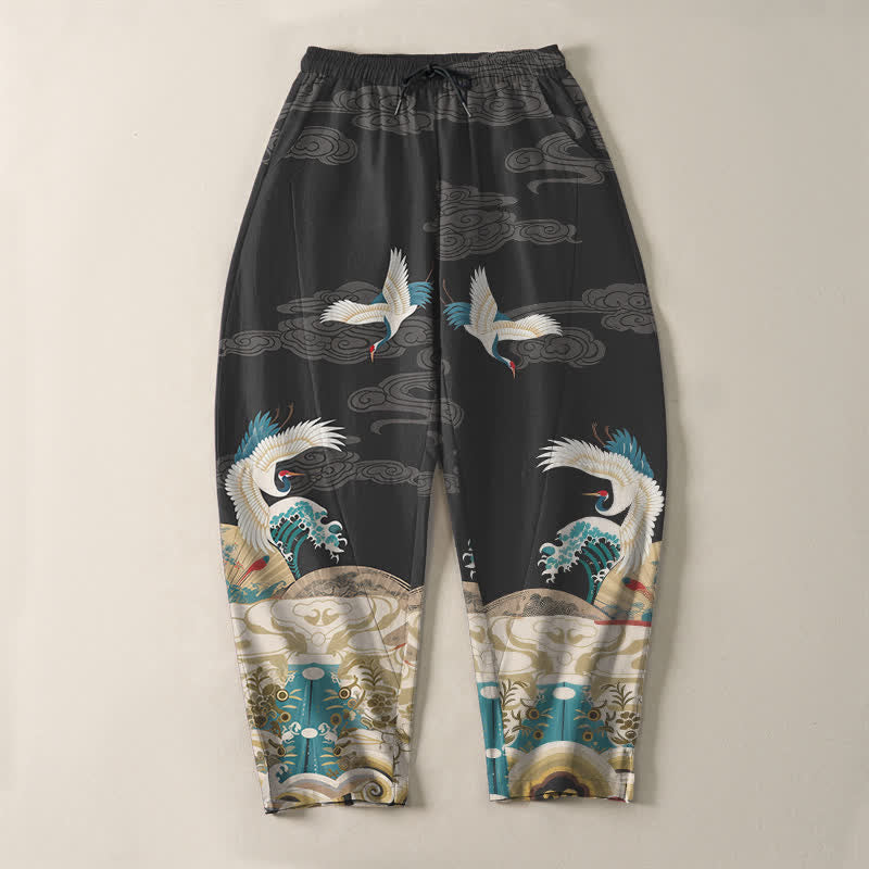 Buddha Stones Pantalones de hombre de algodón puro con estampado de nubes y grullas, corte ajustado, cordón y bolsillos. - image 9