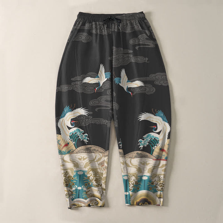 Buddha Stones Pantalones de hombre de algodón puro con estampado de nubes y grullas, corte ajustado, cordón y bolsillos. - image 9