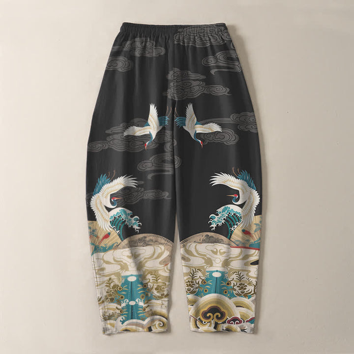 Buddha Stones Pantalones de hombre de algodón puro con estampado de nubes y grullas, corte ajustado, cordón y bolsillos. - image 10