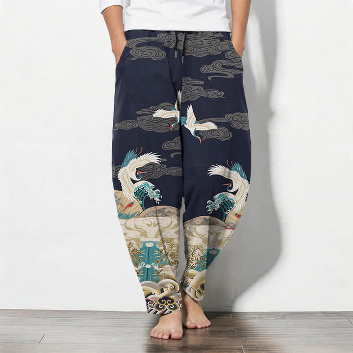 Buddha Stones Pantalones de hombre de algodón puro con estampado de nubes y grullas, corte ajustado, cordón y bolsillos. - Marina de guerra - US/UK/AU50, EU60 (5XL) - image 0