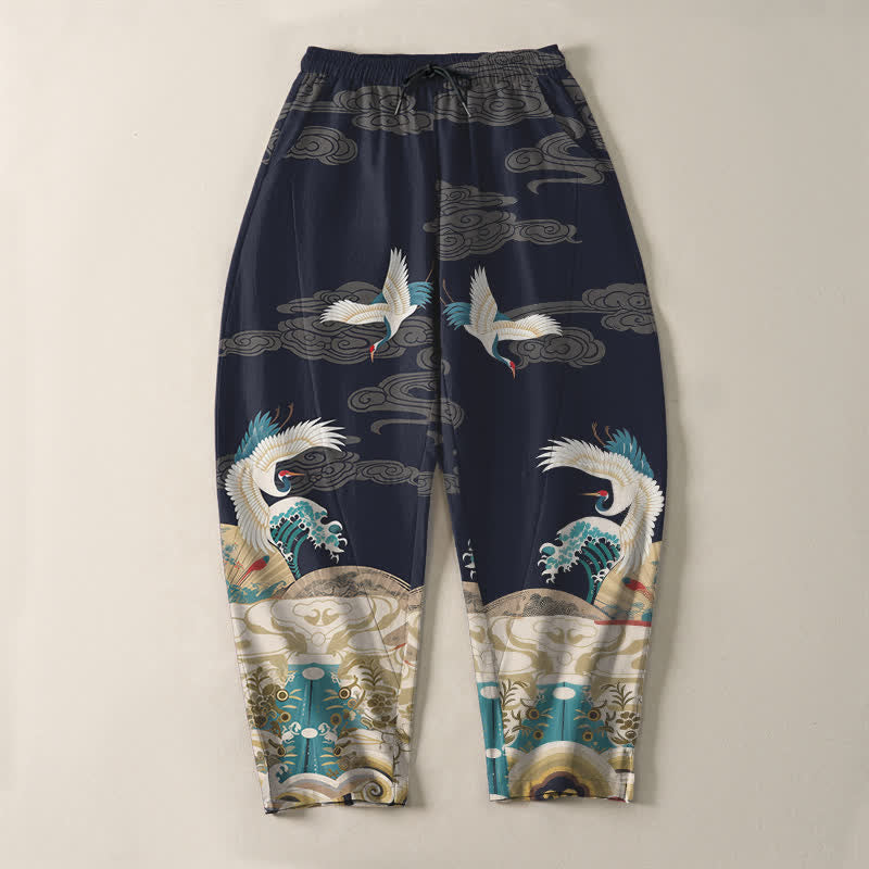 Buddha Stones Pantalones de hombre de algodón puro con estampado de nubes y grullas, corte ajustado, cordón y bolsillos. - image 2
