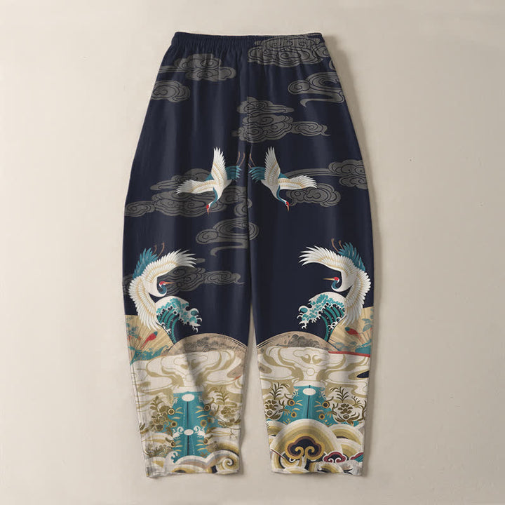 Buddha Stones Pantalones de hombre de algodón puro con estampado de nubes y grullas, corte ajustado, cordón y bolsillos. - image 3