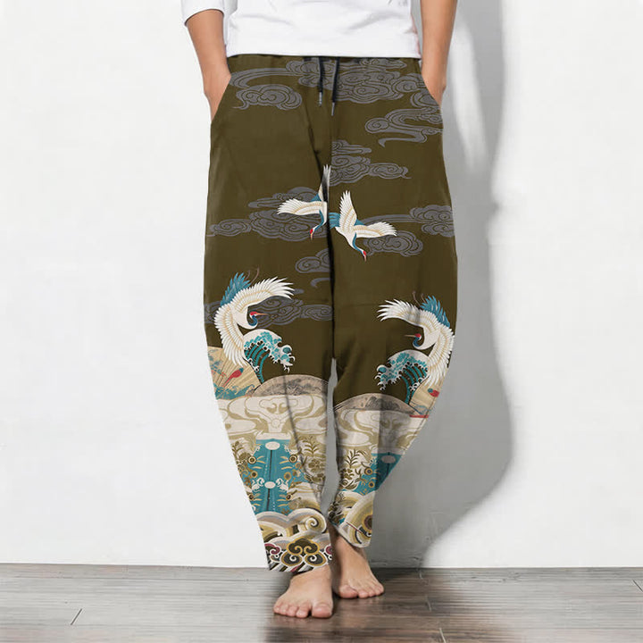 Buddha Stones Pantalones de hombre de algodón puro con estampado de nubes y grullas, corte ajustado, cordón y bolsillos. - Aceituna - US/UK/AU50, EU60 (5XL) - image 11