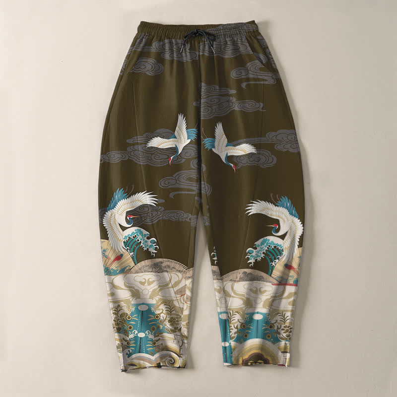 Buddha Stones Pantalones de hombre de algodón puro con estampado de nubes y grullas, corte ajustado, cordón y bolsillos. - image 13