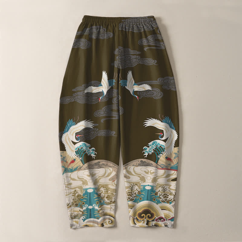 Buddha Stones Pantalones de hombre de algodón puro con estampado de nubes y grullas, corte ajustado, cordón y bolsillos. - image 14