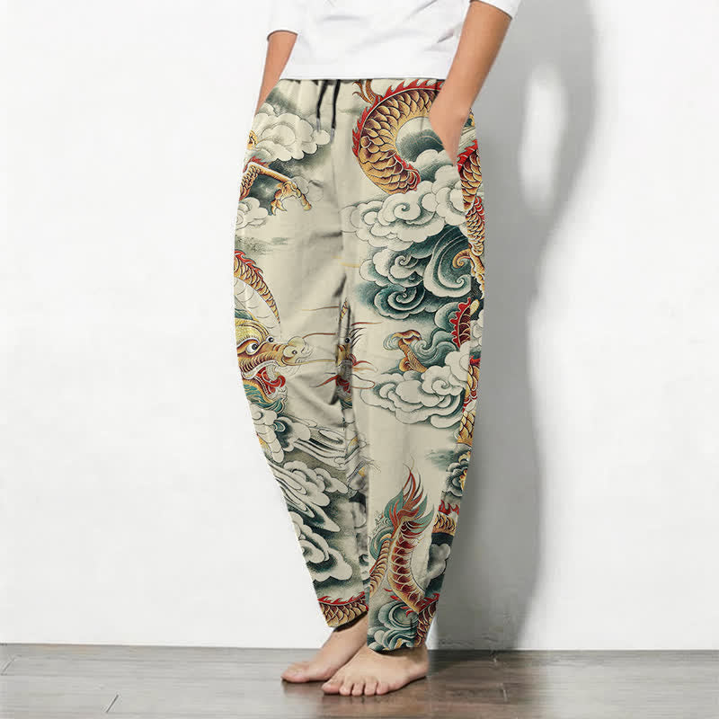 Buddha Stones Pantalones de hombre de algodón puro con estampado de dragón en las nubes, cordón ajustable y corte cónico, con bolsillos. - image 1
