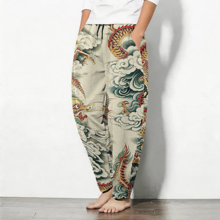 Buddha Stones Pantalones de hombre de algodón puro con estampado de dragón en las nubes, cordón ajustable y corte cónico, con bolsillos. - image 1