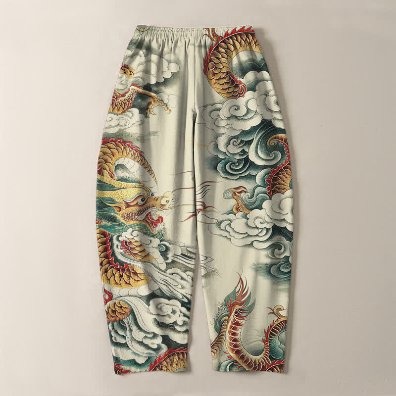 Buddha Stones Pantalones de hombre de algodón puro con estampado de dragón en las nubes, cordón ajustable y corte cónico, con bolsillos. - image 3