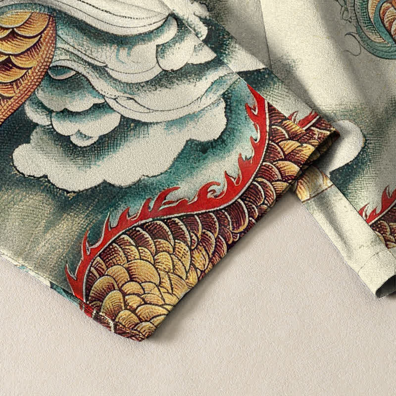 Buddha Stones Pantalones de hombre de algodón puro con estampado de dragón en las nubes, cordón ajustable y corte cónico, con bolsillos. - image 5