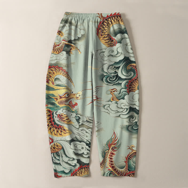 Buddha Stones Pantalones de hombre de algodón puro con estampado de dragón en las nubes, cordón ajustable y corte cónico, con bolsillos. - image 10