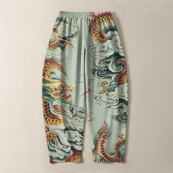 Buddha Stones Pantalones de hombre de algodón puro con estampado de dragón en las nubes, cordón ajustable y corte cónico, con bolsillos. - image 10