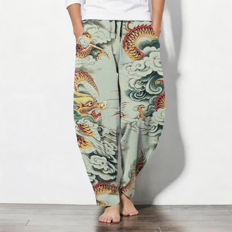 Buddha Stones Pantalones de hombre de algodón puro con estampado de dragón en las nubes, cordón ajustable y corte cónico, con bolsillos. - Verde pálido - US/UK/AU50, EU60 (5XL) - image 7