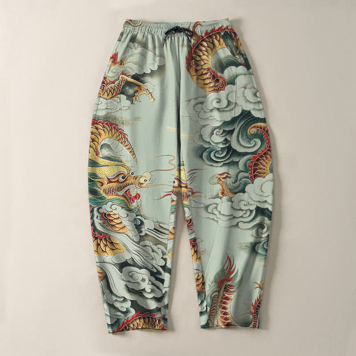 Buddha Stones Pantalones de hombre de algodón puro con estampado de dragón en las nubes, cordón ajustable y corte cónico, con bolsillos. - image 9