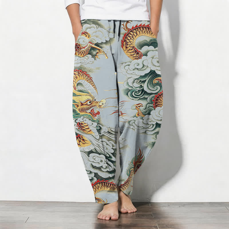 Buddha Stones Pantalones de hombre de algodón puro con estampado de dragón en las nubes, cordón ajustable y corte cónico, con bolsillos. - Azul claro - US/UK/AU50, EU60 (5XL) - image 11
