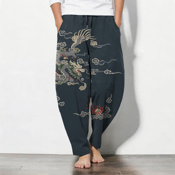 Buddha Stones Pantalones de hombre de algodón puro con estampado de dragón, nube y bola de fuego, con cordón ajustable y bolsillos. - Marina de guerra - US/UK/AU50, EU60 (5XL) - image 0