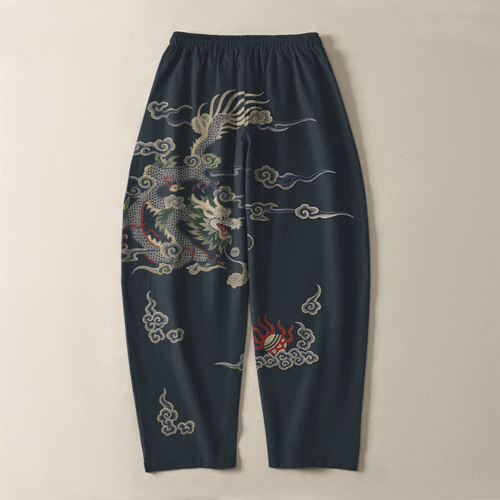 Buddha Stones Pantalones de hombre de algodón puro con estampado de dragón, nube y bola de fuego, con cordón ajustable y bolsillos. - image 3