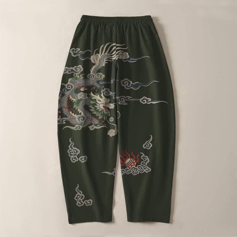 Buddha Stones Pantalones de hombre de algodón puro con estampado de dragón, nube y bola de fuego, con cordón ajustable y bolsillos. - image 10