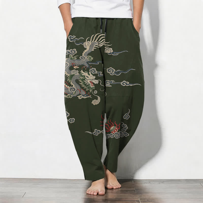 Buddha Stones Pantalones de hombre de algodón puro con estampado de dragón, nube y bola de fuego, con cordón ajustable y bolsillos. - Verde oscuro - US/UK/AU50, EU60 (5XL) - image 7