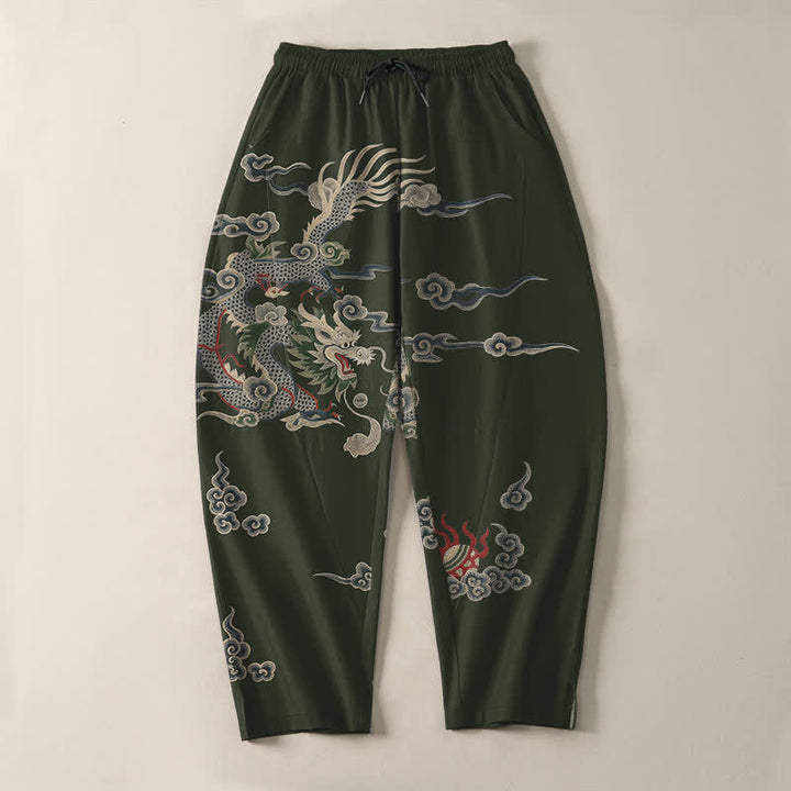 Buddha Stones Pantalones de hombre de algodón puro con estampado de dragón, nube y bola de fuego, con cordón ajustable y bolsillos. - image 9