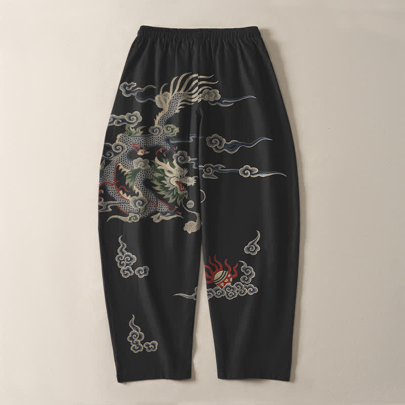 Buddha Stones Pantalones de hombre de algodón puro con estampado de dragón, nube y bola de fuego, con cordón ajustable y bolsillos. - image 14