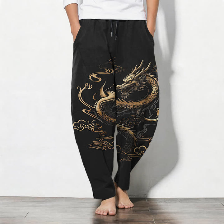 Buddha Stones Pantalones de hombre de algodón puro con estampado de dragón dorado y nube auspiciosa, con cordón ajustable y bolsillos. - Negro - US/UK/AU50, EU60 (5XL) - image 0